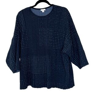 Pure Jill Navy Blue Textured Geometric Print 3/4 Sleeve Top Size Large